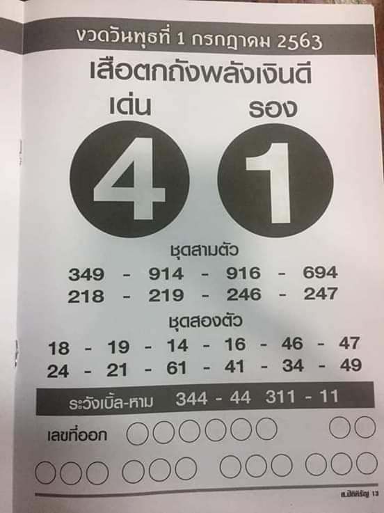หวยเสือตกถังพลังเงินดี ประจำงวด 01/07/2563
