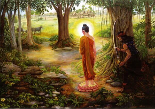 องคุลีมาลกำลังจะตัดนิ้วพระพุทธเจ้า ซึ่งเป็นนิ้วที่หนึ่งพัน