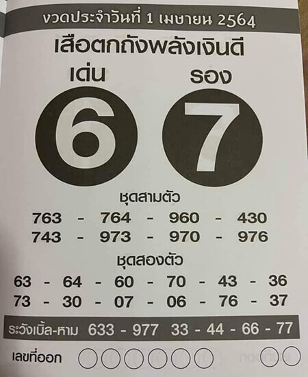 หวยเสือตกถังพลังเงินดี 1 เมษายน 2564